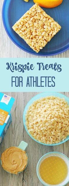 rice krispie treats for athletes on a blue plate with oranges and peanut butter