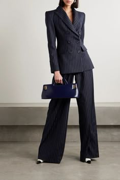 EXCLUSIVE AT NET-A-PORTER. Alex Perry re-imagines the classic pinstriped blazer with a glamorous twist. Flecked with lustrous silver threads that sparkle in the light, this double-breasted style is made from navy twill and has padded shoulders contrasted by a nipped-in waist. Wear yours with the coordinating pants. Pinstripe Suit Women, Christmas Party Outfit Casual, Edgy Work Outfits, Estilo Kardashian, Woman In Suit, Pant Suits For Women, Casual Party Outfit, Blazer Jackets For Women, Alex Perry