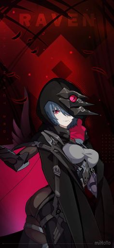 an anime character with black hair and red eyes standing in front of a dark background