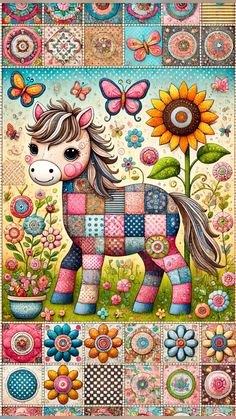 a painting of a horse surrounded by flowers and butterflies