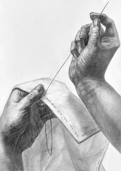 a pencil drawing of someone's hand holding a needle and thread in their left hand