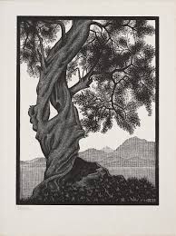 a black and white drawing of a tree with mountains in the background