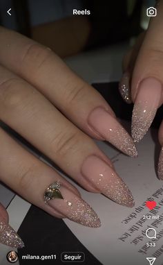 New Year Nails Ideas Almond Shape, Nye Nail Ideas Almond, Almond Nude Nails With Glitter, New Year’s Eve Nails Almond, Christmas Almond Nails Holidays, Classy Almond Nails Ideas, New Yrs Nails, French Tips Almond, Unusual Nail Designs