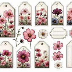 a bunch of tags with flowers on them and some daisies in the middle one