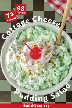 cottage cheese pudding salad in a white bowl with a cherry on top and text overlay