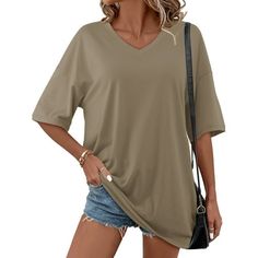 Amoretu Women's V-neck oversized plain T-shirt is just what you need! Comfy and cozy with a little extra room. The soft and lightweight T-shirt provides you with a pleasant wearing experience, making you want to wear it every day. V-neck T-shirt with leggings or jeans is the most beautiful scenery on the street. The loose top is easy to create in an oversized/boyfriend style. The loose tunic covers the hips and belly very well, which is suitable for most ladies. Size: XL.  Color: Brown.  Gender: V Neck Tshirts, Oversized Tee Shirt, V Neck Tunic, Fit Summer, Half Sleeve Blouse, Pretty Shirts, Womens Tops Summer, Striped Sleeve, Oversized Top