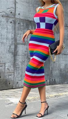 95% polyester Sleeveless plaid stripe midi bodycon dress Midi Dress Fall, Midi Tank Dress, Pencil Skirt Dress, Elegant Maxi Dress, Knitted Bodycon Dress, Autumn Clothes, Bodycon Maxi Dresses, Daily Dress, Knit Midi