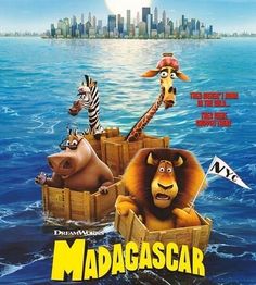 the movie madagascar is shown in front of a city