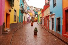 an empty street with colorful buildings and potted plants