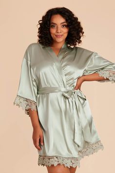 From boho to beach bride, these lace-accented satin robes make absolutely perfect gifts for your squad. Think of how sweet your getting ready photos will look with your bridesmaids in these lacy robes. Best of all, they come in 17 beautiful shades (including a white one for you!), so you can find one that complements your wedding aesthetic. Bridal Shower Treats, White Dresses For Sale, Satin Robes, Tuxedo Women, Birdy Grey, Beach Bride, Bridesmaid Robes, Bridal Suite, Little White Dresses