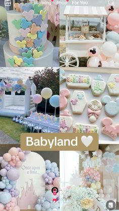 many different pictures with balloons and decorations for baby shower party, including cake, cookies, candy