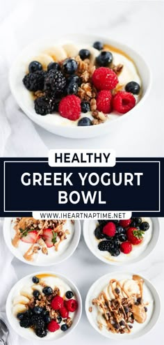 healthy greek yogurt bowl with berries, bananas and blueberries in the middle