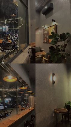 the interior of a restaurant with motorcycles parked in it