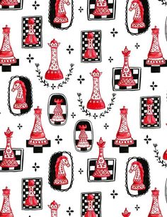 red and black chess pieces on a white background with floral designs in the middle,