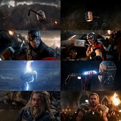 the avengers movie is being shown in several different scenes, including thor and his hammer