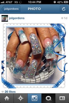 Flare Nails, Glitter Accent Nails, Snowflake Nail Art, Super Cute Nails, Duck Nails, Winter Nails Acrylic, Long Nail Designs, Creative Nail Designs, Crazy Nails