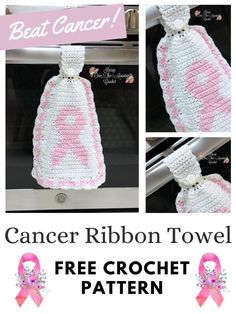 a crocheted breast ribbon hanging from the side of an oven door with pink ribbon