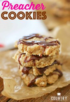 three cookies with chocolate drizzled on top and the words, pretzer cookies