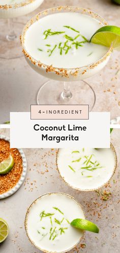 coconut lime margarita cocktail in martini glasses on a table