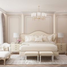 an elegant bedroom with white furniture and chandelier