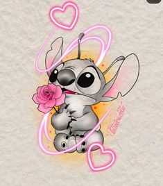 a cartoon character holding a pink rose with hearts on it's back and the words love is in the air