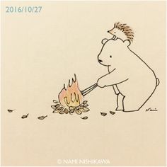 a drawing of a man lighting a fire in the ground with his hand on top of it