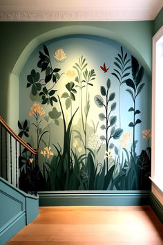 A spacious hallway with a captivating painted mural accent wall, inviting nature inside. Hallway Accent Wall, Wall Murals Painted Diy, Hallway Accent, Wall Painting Ideas Creative, Wall Charm, Home Wall Painting, Accent Wall Ideas, Diy Mural