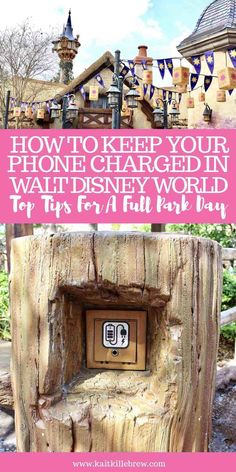 the entrance to disneyland world with text overlay that reads how to keep your phone charged in walt world tips for a full park day