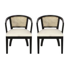 a pair of black and white chairs with caned backrests on each side