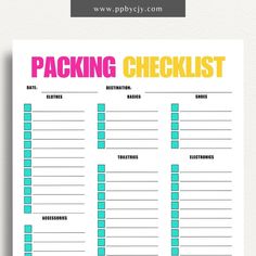 the packing checklist is shown in pink, yellow and green