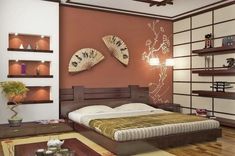 a bed room with a neatly made bed and wooden shelves on the wall above it