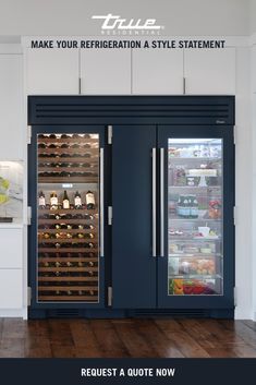 two refrigerators with the doors open in front of a store sign that says make your refrigeration a style statement request a quote now