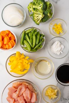 the ingredients for this dish are laid out in bowls