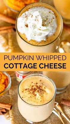 pumpkin whipped cottage cheese in small glass mugs with cinnamon on the side and topped with whipped cream