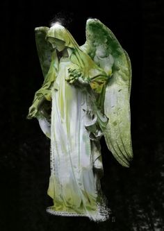 an angel statue with green leaves on it's body and wings, in front of a black background