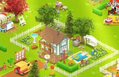 an image of a farm town with lots of animals and people in the yard area