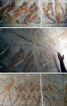 two pictures of ancient paintings on the wall