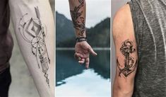 three different tattoos on the arms and arm, one with an anchor and another with a cross