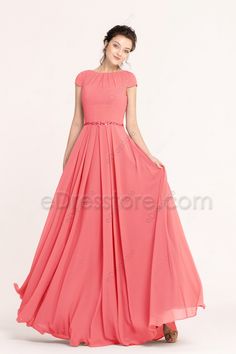 Coral Modest Prom Dresses Cap Sleeves Cap Sleeves Prom Dress, Light Pink Bridesmaid Dresses Modest, Modest Grad Dress, Modest Formal Dresses With Sleeves, Modest Fancy Dresses, Salmon Prom Dress, Simple Prom Dress Modest, Modest Prom Dresses With Sleeves, Modest Prom Dresses For Teens