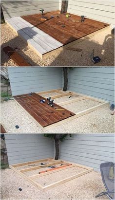 two pictures showing how to build a table out of pallets and wood planks