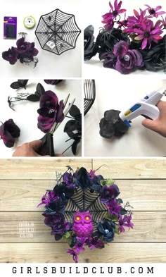 purple flowers and spider webs are being used to make a halloween wreath for someone's house