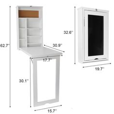 a white desk with an open shelf next to it, and measurements for the height