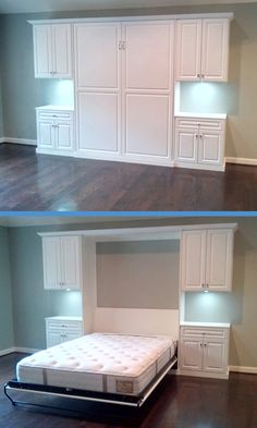 this is an image of a bedroom with built in cabinets and mattresses on the bed