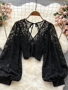 44719894003929 Plus Size Gothic Fashion, Lacy Outfits, Elegant Crop Top, Lace Blouses, Women Lace Blouse, Floral Lace Shorts, Short Blouses, Autumn Wardrobe, Puff Long Sleeves