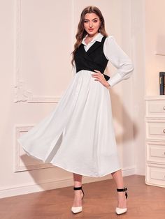 Shein Skirts, White Collar Dress, Skirt Outfit Casual, White Frock, Vest Outfits For Women, White Long Sleeves, Vest Blouse, Black Shirts Women, Shirt Dress Outfit