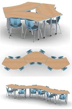 several tables and chairs are arranged in the shape of a curved table with blue seats