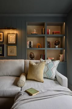 a living room with bookshelves and pillows on the couch