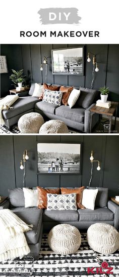 two pictures of a living room with gray couches and white poufce pillows