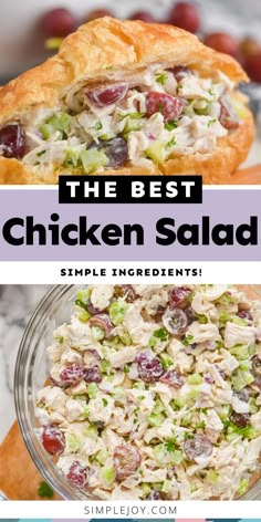 chicken salad in a glass bowl with the title above it