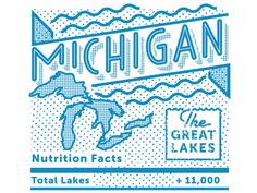 michigan nutrition fact poster with the great lakes and michigan's map in blue ink